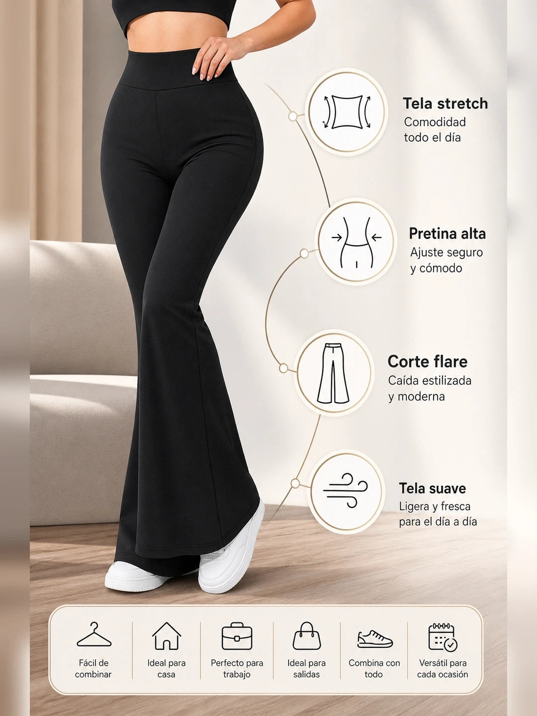 Flare Pants™ Wide-Leg para Mujer – Pretina Alta + Tela Stretch Suave (Efecto Piernas Largas y Cintura Definida)