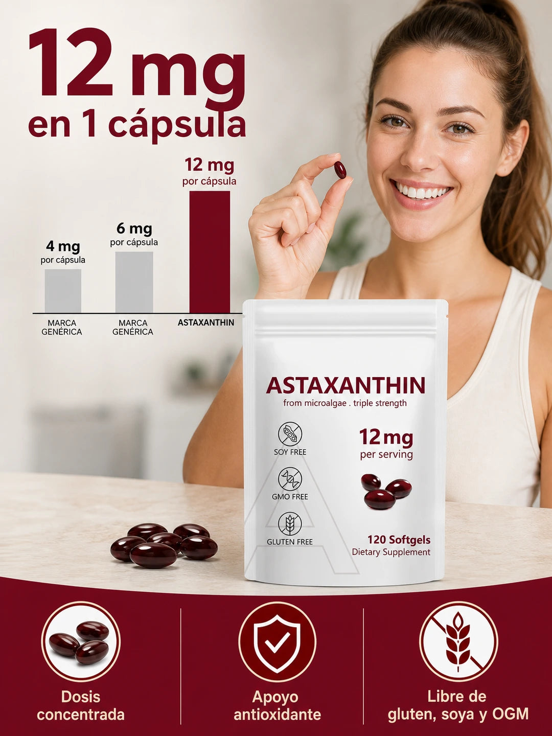 ASTAXANTHIN – Suplemento de Astaxantina de Microalgas para Apoyo Antioxidante y Bienestar Celular (120 cápsulas blandas)