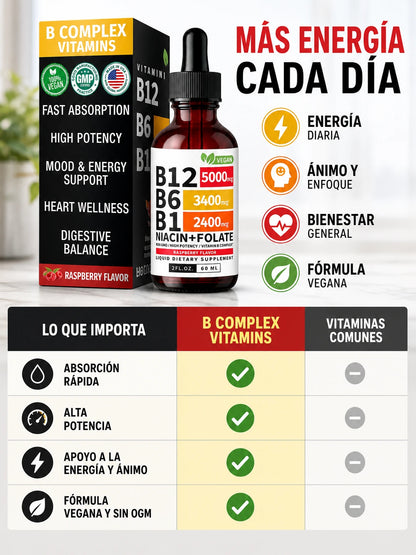 B COMPLEX VITAMINS – Suplemento Líquido de Vitaminas B12, B6, B1, Niacina y Folato para Apoyo Energético y Bienestar General (60 ml)