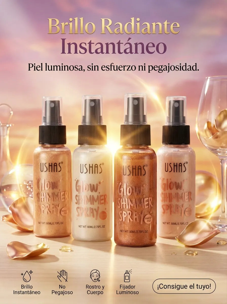 Iluminador Corporal USHAS Glow Shimmer Spray – Brillo Radiante para Piel, 4 Tonos