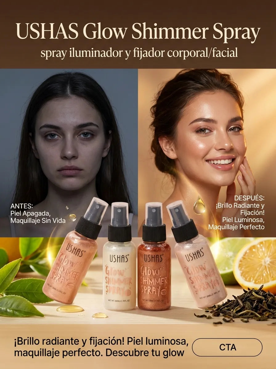 Iluminador Corporal USHAS Glow Shimmer Spray – Brillo Radiante para Piel, 4 Tonos