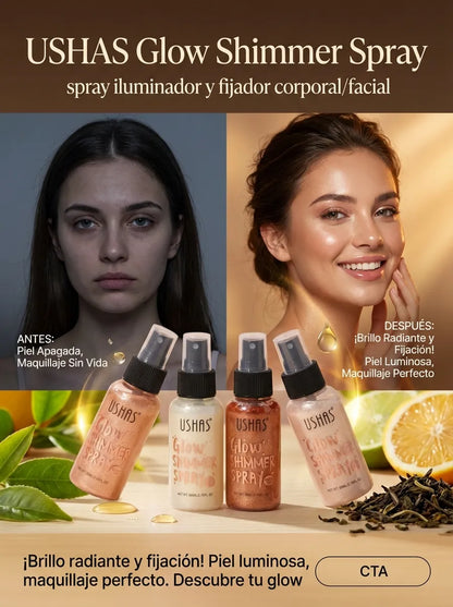 Iluminador Corporal USHAS Glow Shimmer Spray – Brillo Radiante para Piel, 4 Tonos