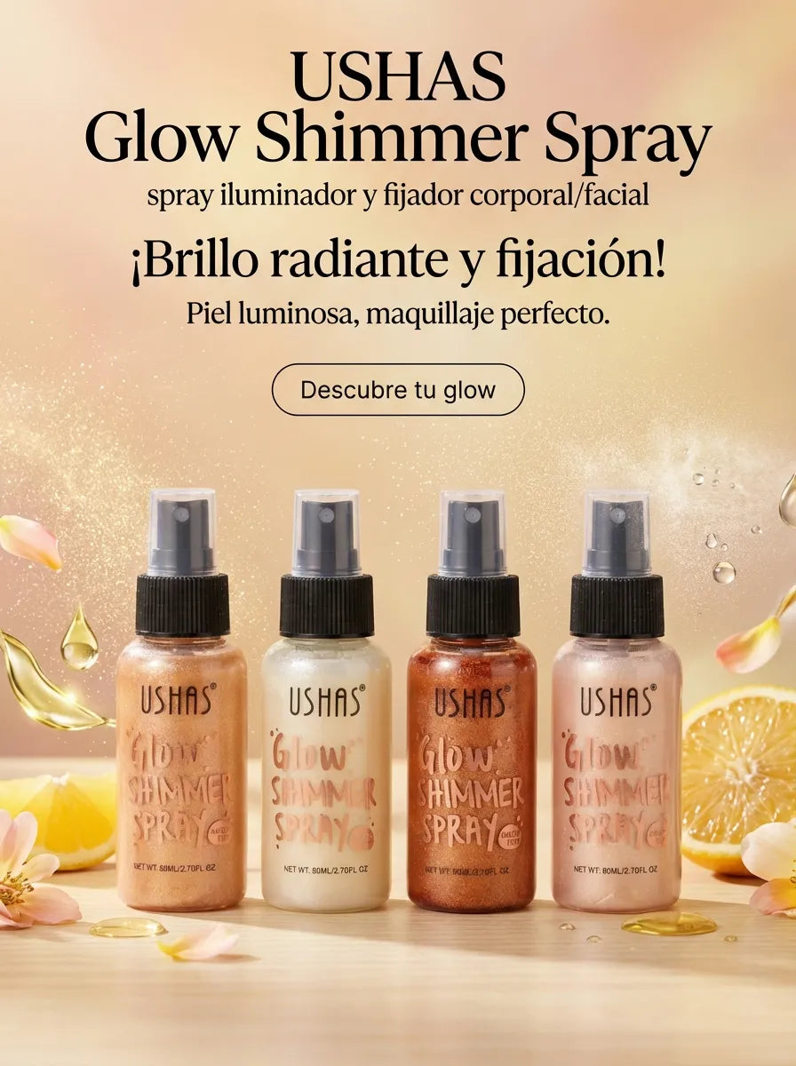 Iluminador Corporal USHAS Glow Shimmer Spray – Brillo Radiante para Piel, 4 Tonos