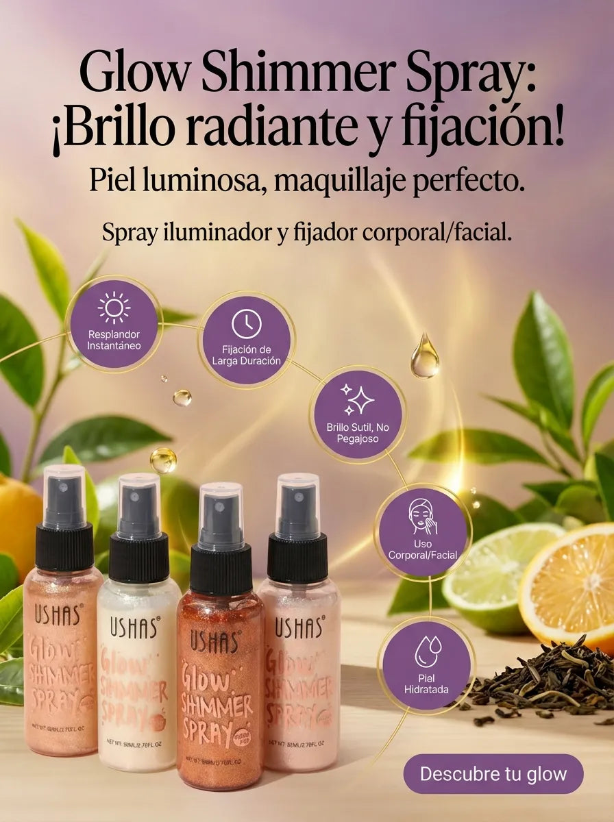 Iluminador Corporal USHAS Glow Shimmer Spray – Brillo Radiante para Piel, 4 Tonos