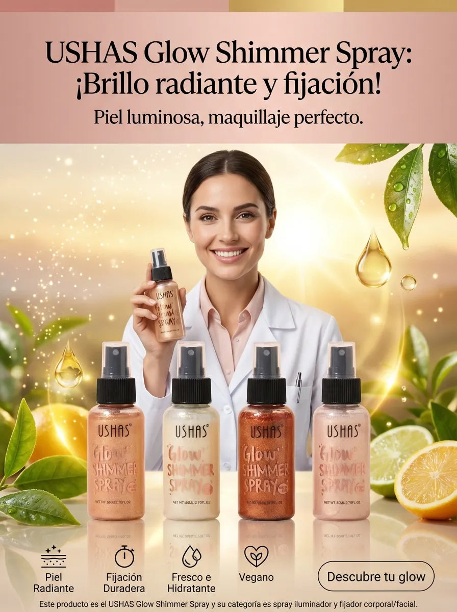 Iluminador Corporal USHAS Glow Shimmer Spray – Brillo Radiante para Piel, 4 Tonos