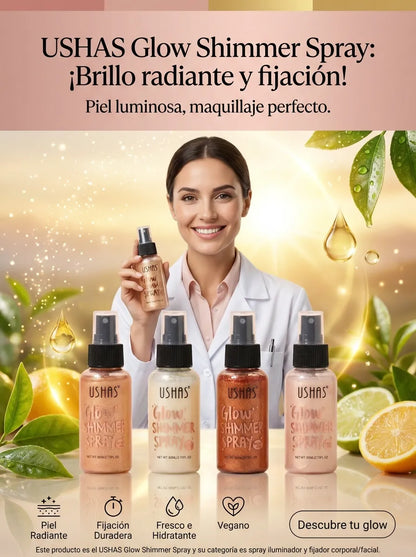 Iluminador Corporal USHAS Glow Shimmer Spray – Brillo Radiante para Piel, 4 Tonos