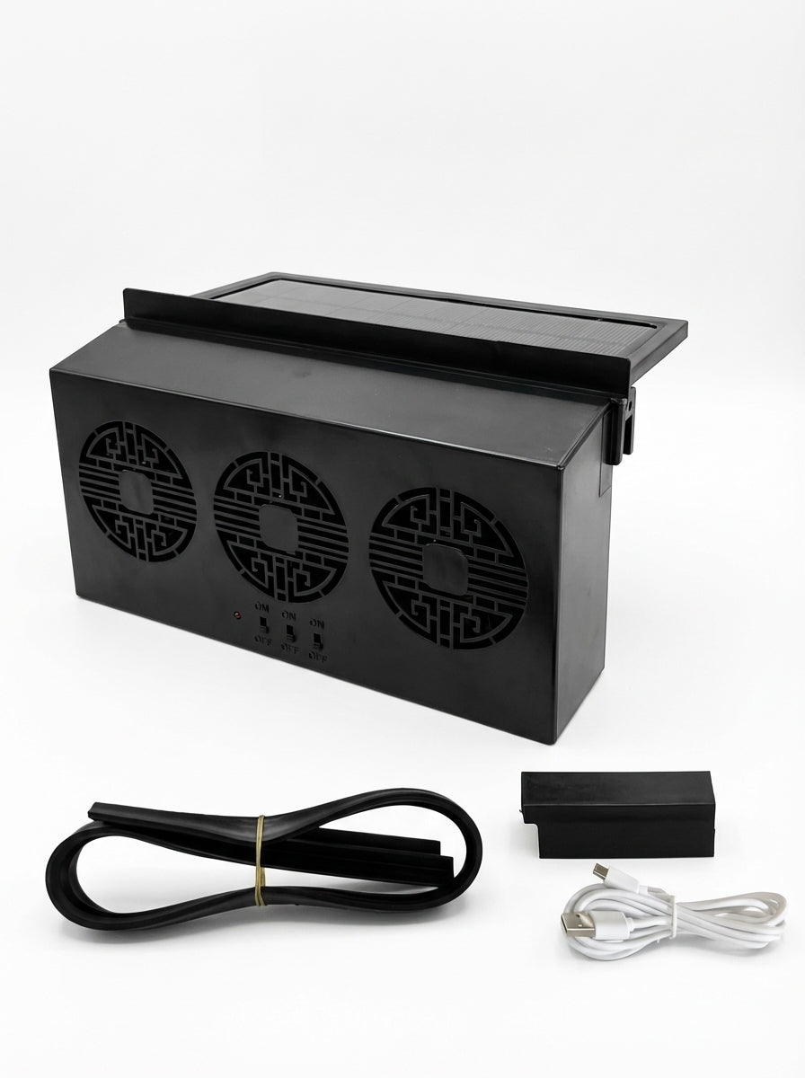 Extractor de Aire Caliente con Panel Solar para Auto – Ventilador Solar de Ventana con Triple Ventilación (3 Ventiladores)