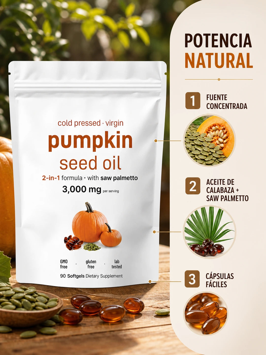 PUMPKIN SEED OIL + SAW PALMETTO – Suplemento de Aceite de Semilla de Calabaza Prensado en Frío con Saw Palmetto para Apoyo Prostático y Urinario (90 cápsulas blandas)